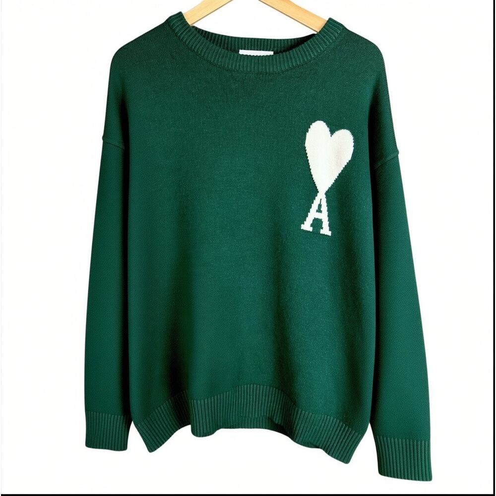 AMI Alexandre Mattiussi Paris Men's XL Dark Green Knit Heart Logo Sweater